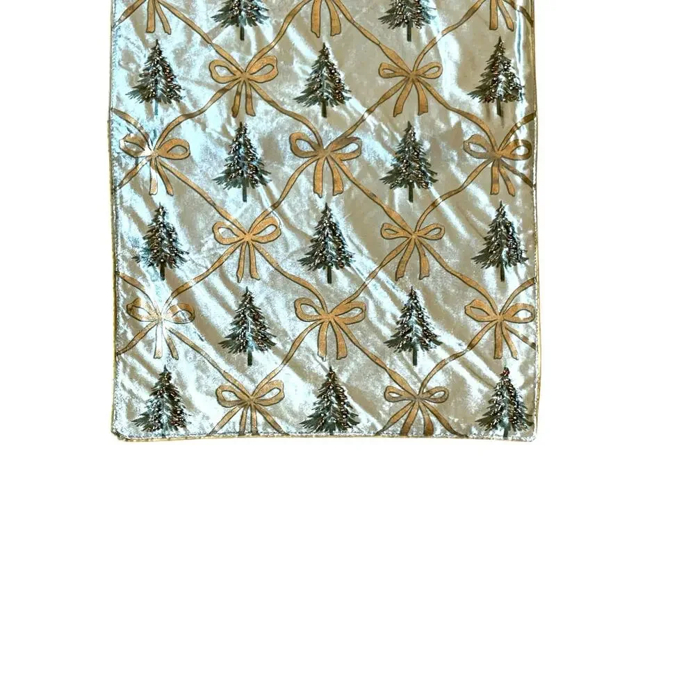 RACHEL ASHWELL Beaded Christmas Tree Bow Table Runner 16x90 Mint Green Gold NEW